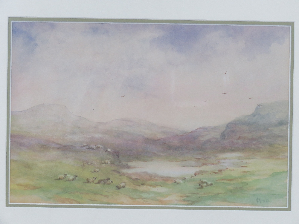 Watercolour; sheep grazing in field, mou - Image 2 of 3