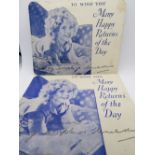 Two Shirley Temple greetings cards with facsimilie messages upon, postmarked 1938 and 1939. Each 14