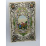 A decoupage Sweetheart or Valentines card, having lovers in central arch top garden scene with