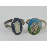 Two silver rings; enamelled St Christoph