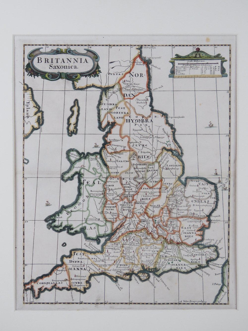 A hand coloured map of 'Britannia Saxonica', engraved by John Sturt for Robert Morden measuring 39.