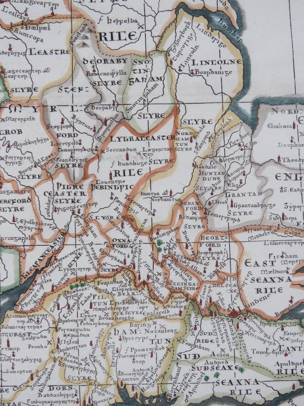 A hand coloured map of 'Britannia Saxonica', engraved by John Sturt for Robert Morden measuring 39. - Image 5 of 6