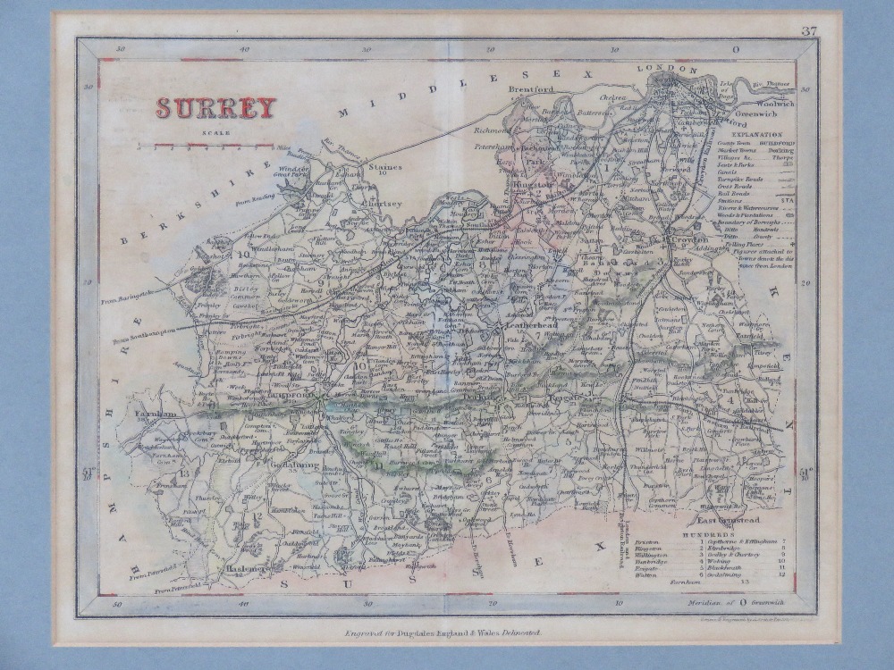 Surrey, drawn and engraved by J Archer for Dugdales England and Wales Delineated, hand coloured, - Image 2 of 6