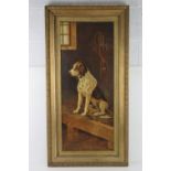 XIX Canine / Hunting Oil on canvas Portrait of a seated Favourite Fox Hound ( dog) with hunt