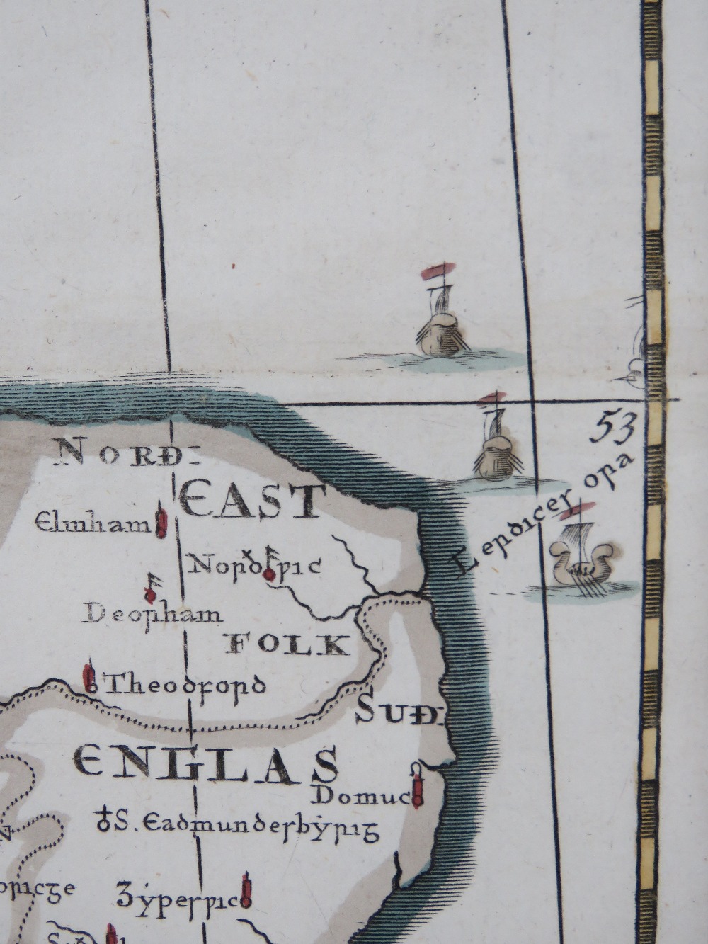 A hand coloured map of 'Britannia Saxonica', engraved by John Sturt for Robert Morden measuring 39. - Image 4 of 6