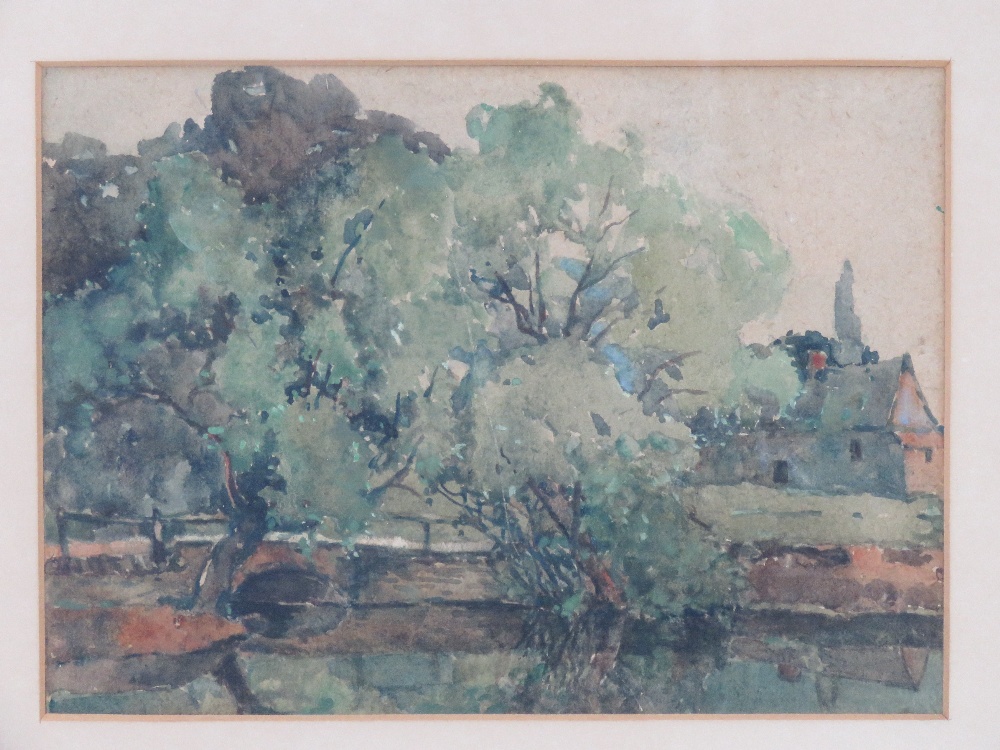 Unknown artist, watercolour, study of trees, river before, buildings beyond, unsigned, framed, - Image 2 of 4