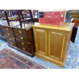 A PAIR OF KENNEDY BESPOKE MAHOGANY FILE CABINETS OF CAMPAIGN STYLE, AND A STATIONARY CABINET.