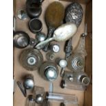 A COLLECTION OF SILVER TOPPED AND OTHER DRESSING TABLE JARS AND SCENT BOTTLES AND PART MANICURE SET,