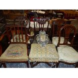 FIVE 19th C. DINING CHAIRS, A LARGE DRESSING STOOL, A LUGGAGE RACK AND A POLE SCREEN.