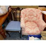 AN EDWARDIAN TUB CHAIR, AND A BEDROOM CHAIR.