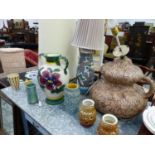 TWO LARGE MID CENTURY LAMPS, VARIOUS VASES, ETC.
