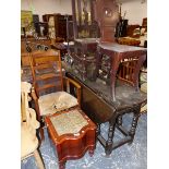 A VICTORIAN COMMODE, TWO HALL CHAIRS, A RUSH SEAT CHAIR, AND A DROP LEAF OAK TABLE.