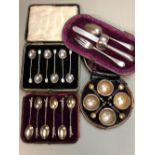 A VICTORIAN HALLMARKED SILVER CONDIMENT SET, TOGETHER WITH A SET OF SIX VICTORIAN SILVER COFFEE
