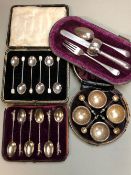 A VICTORIAN HALLMARKED SILVER CONDIMENT SET, TOGETHER WITH A SET OF SIX VICTORIAN SILVER COFFEE