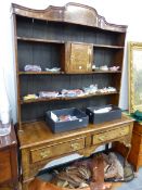 AN ANTIQUE WALNUT CROSS BANDED DRESSER, WITH ASSOCIATED PLATE RACK STANDING ON CABRIOLE LEGS.