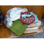 A QUANTITY OF COSTUME ETC, TO INCLUDE A GREEN DRESS, BEADWORK CUSHION, SOIREE VINTAGE HEELS SIZE 6B