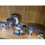 A GROUP OF PLATED WARES TO INCLUDE A TANKARD, CONDIMENTS ETC.