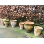 FIVE TERRACOTTA LARGE URNS WITH SGRAFFITO DECORATION