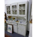 A PAINTED PINE GLAZED TOP DRESSER.