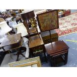 A VICTORIAN MAHOGANY DROP LEAF WORK TABLE, A WALNUT SEWING TABLE, NEST OF TABLES, A POLE SCREEN, AND