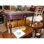 A 19th C. MAHOGANY FOLD OVER TEA TABLE AND A DEMI LUNE SIDE TABLE.