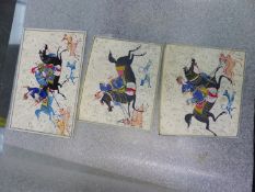 A GROUP OF THREE EASTERN MINIATURE PAINTINGS, HUNT SCENES.