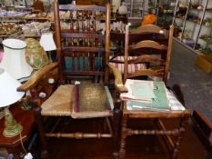 RUSH SEAT SPINDLE BACK ARMCHAIR, AND A SIDE CHAIR.