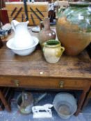 A CAST IRON DOOR STOP, A JUG AND BOWL, POTTERY JARS ETC.