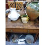 A CAST IRON DOOR STOP, A JUG AND BOWL, POTTERY JARS ETC.