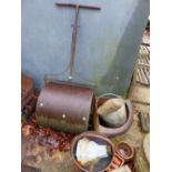 CAST IRON GARDEN ROLLER, A JAM PAN, CORNER FEEDER ETC.