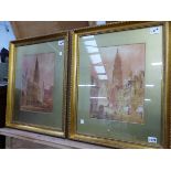 E NEVIL ( 19TH/20TH CENTURY) TWO FLEMISH TOWN VIEWS SIGNED WATERCOLOURS 36 X 26 CM