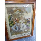 AN ANTIQUE NEEDLEPOINT PANEL, UNCLE TOM AND EVA, IN A MAPLE FRAME. 48 X 36.