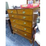 A 19th C. OAK AND CROSS BANDED TALL CHEST OF TWO SHORT AND FOUR LONG DRAWERS.