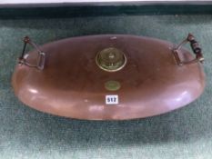 A COPPER BED WARMING PAN WITH TWIN HANDLES.