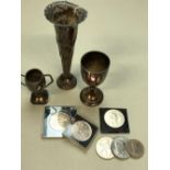 TWO HALLMARKED SILVER SMALL TROPHY CUPS, A HALLMARKED SILVER LOADED BUD VASE, AND SIX ASSORTED
