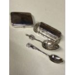 A HALLMARKED SILVER CIGARETTE CASE, A GLASS DRESSING TABLE BOX WITH HALLMARKED SILVER LID, A