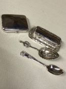 A HALLMARKED SILVER CIGARETTE CASE, A GLASS DRESSING TABLE BOX WITH HALLMARKED SILVER LID, A