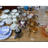 A VINTAGE BONE CHINA TEA SET, VICTORIAN FOUR PIECE TEA SET, GLASS WARES ETC.