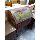 A RED CHINOISERIE LACQUER FRENCH LOUIS XV BUREAU, THE FALL PAINTED WITH A SCENE OF A FAMILY OF THREE