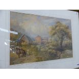 E WALKER (19th C. SCHOOL) A SHROPSHIRE FARM, SIGNED WATERCOLOUR 34 X 50cms. TOGETHER WITH THREE