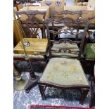 A PAIR OF GEORGIAN STYLE LADDER BACK DINING CHAIRS AND A FURTHER CHAIR ON CARVED CABRIOLE LEGS