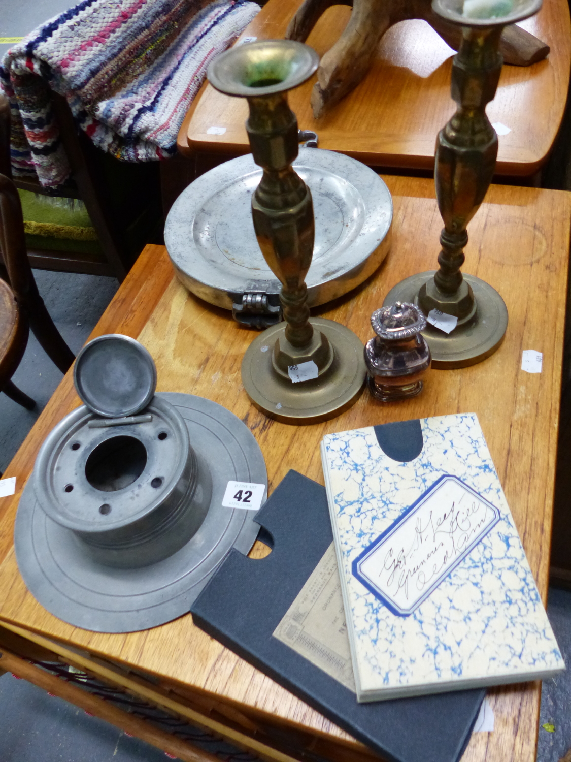 A PAIR OF BRASS CANDLESTICKS, A PEWTER CAPSTAN INKWELL, A WARMING PLATE , NEW FOREST MAP ETC.