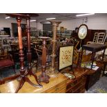 A 19th C. POLE SCREEN, A FIRESCREEN, FOUR TALL STANDS ETC.