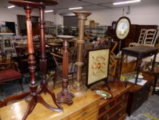 A 19th C. POLE SCREEN, A FIRESCREEN, FOUR TALL STANDS ETC.