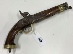 A VICTORIAN PERCUSSION PISTOL .577 CALIBRE . SWIVEL MOUNTED RAMROD AND WITH LANYARD RING TO