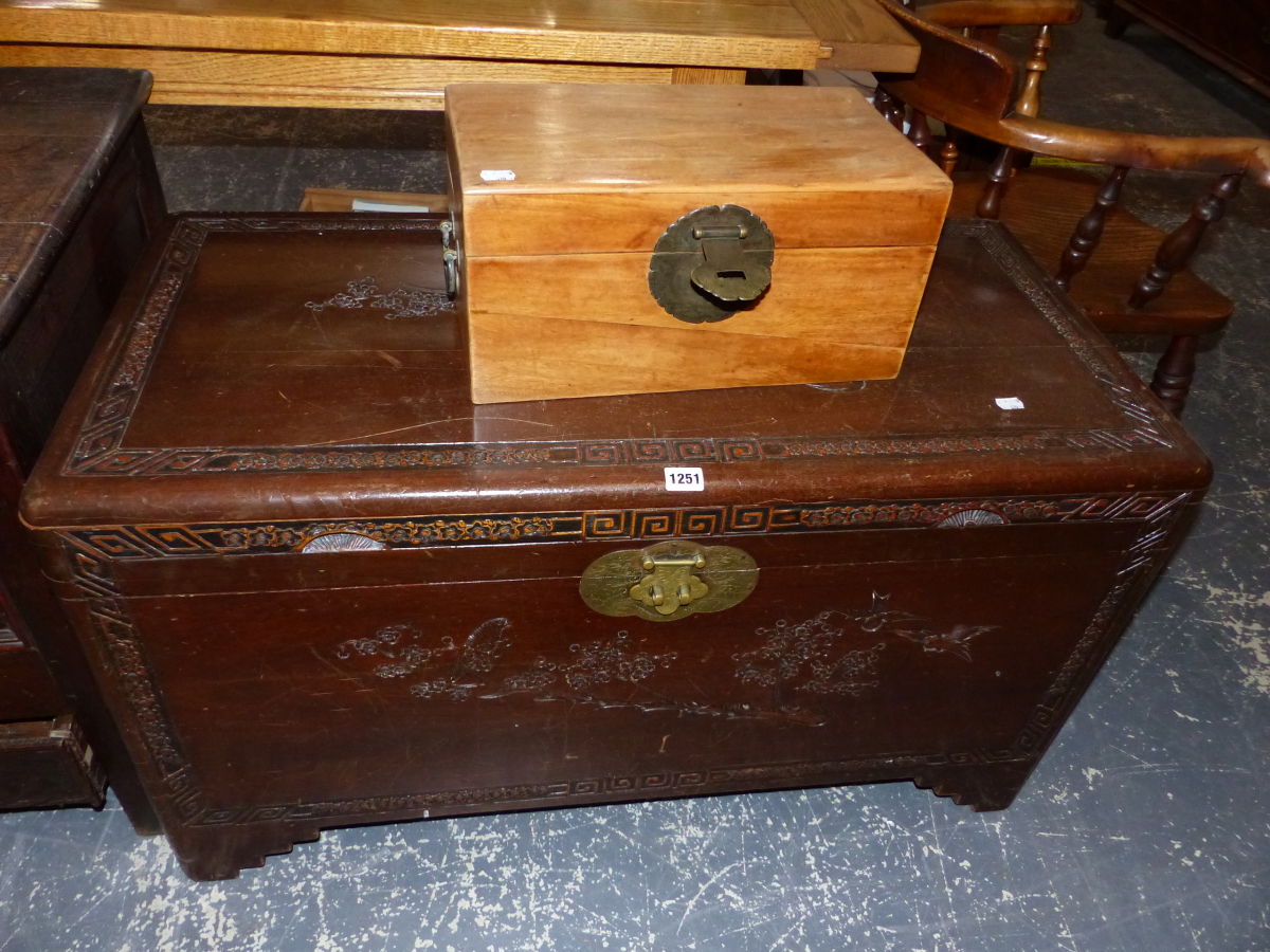 A CAMPHOR WOOD BLANKET BOX, AND A SMALL ORIENTAL BOX.
