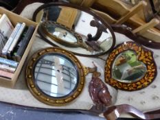 A PEN WORK HEART SHAPED WALL MIRROR, A GILT FRAMED CONVEX MIRROR , AN OVAL MIRROR, AND A WALL MASK.