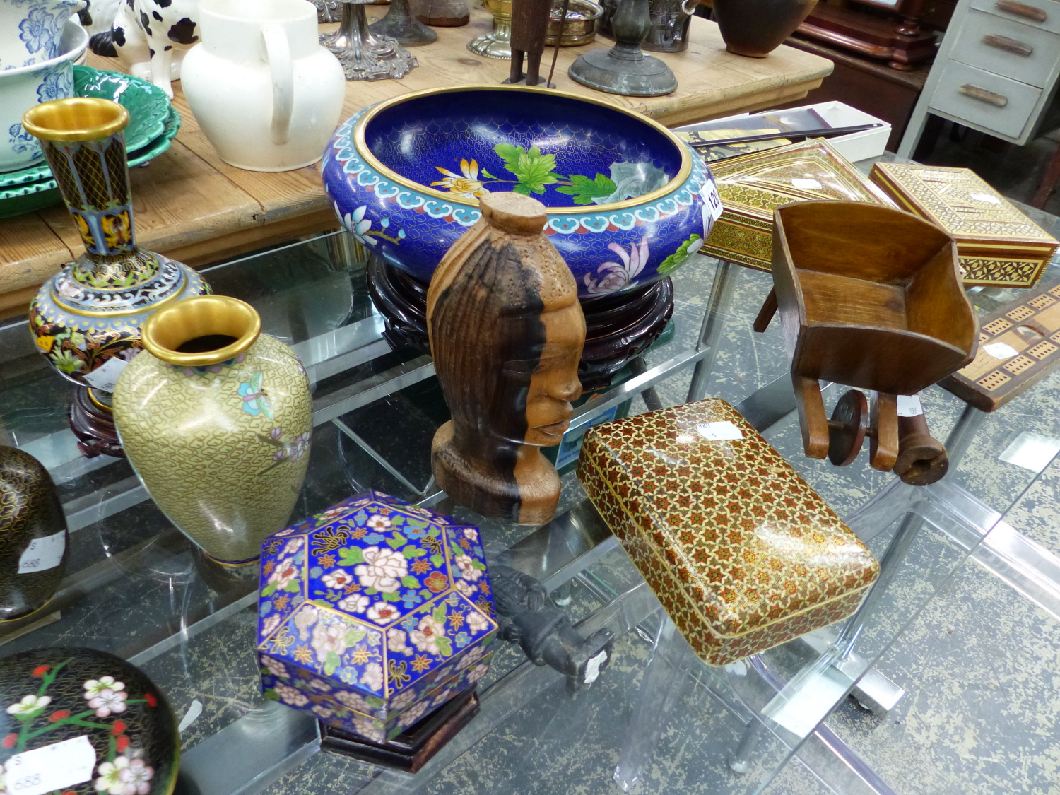 A PAIR OF CLOISONNE VASES ON STANDS, TWO FURTHER VASES, TWO LIDDED BOXES, AND A LARGE BOWL ON STAND,