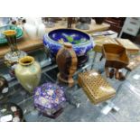 A PAIR OF CLOISONNE VASES ON STANDS, TWO FURTHER VASES, TWO LIDDED BOXES, AND A LARGE BOWL ON STAND,