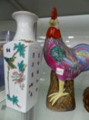 AN ORIENTAL ROOSTER FIGURE AND A VASE DECORATED WITH ORIENTAL CHARACTERS.